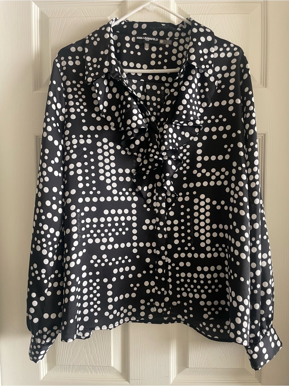 Karl Lagerfeld Black and White Polka Dot Ruffle Button-Down Blouse